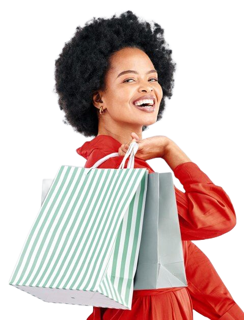 Customer holding shopping bags, representing UK shopping delivered to Uganda